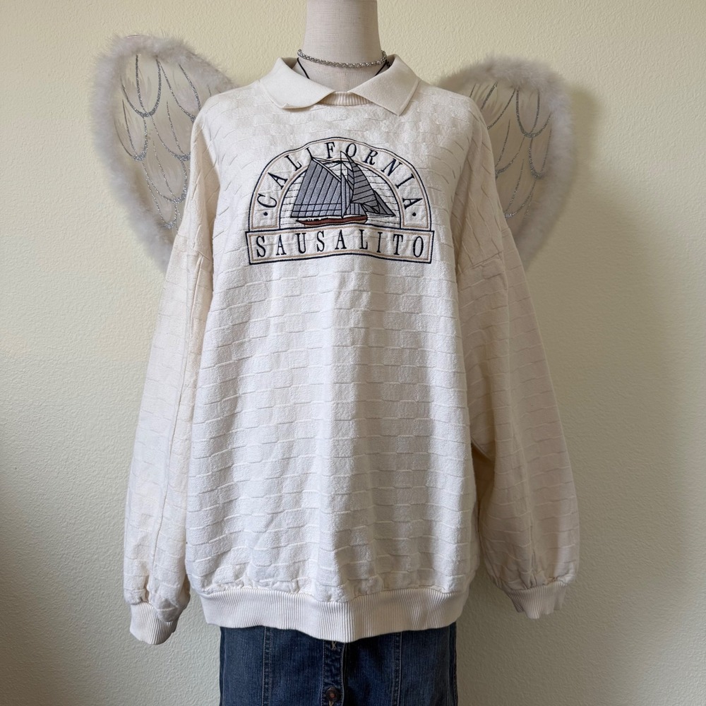 Crazy Shirts Sausalito California Sailboat Graphic Sweatshirt Cream Textured Y2K